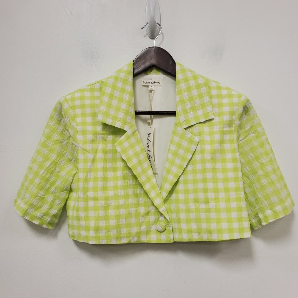 For Love & Lemons Maureen Blazer Top Size S Green Gingham One Button CT1847-SU22